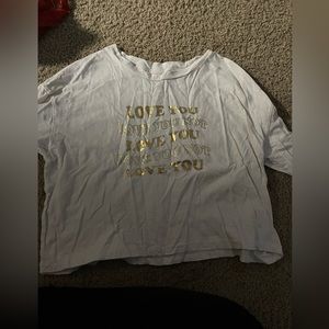 White short sleeve t shirt with words on it